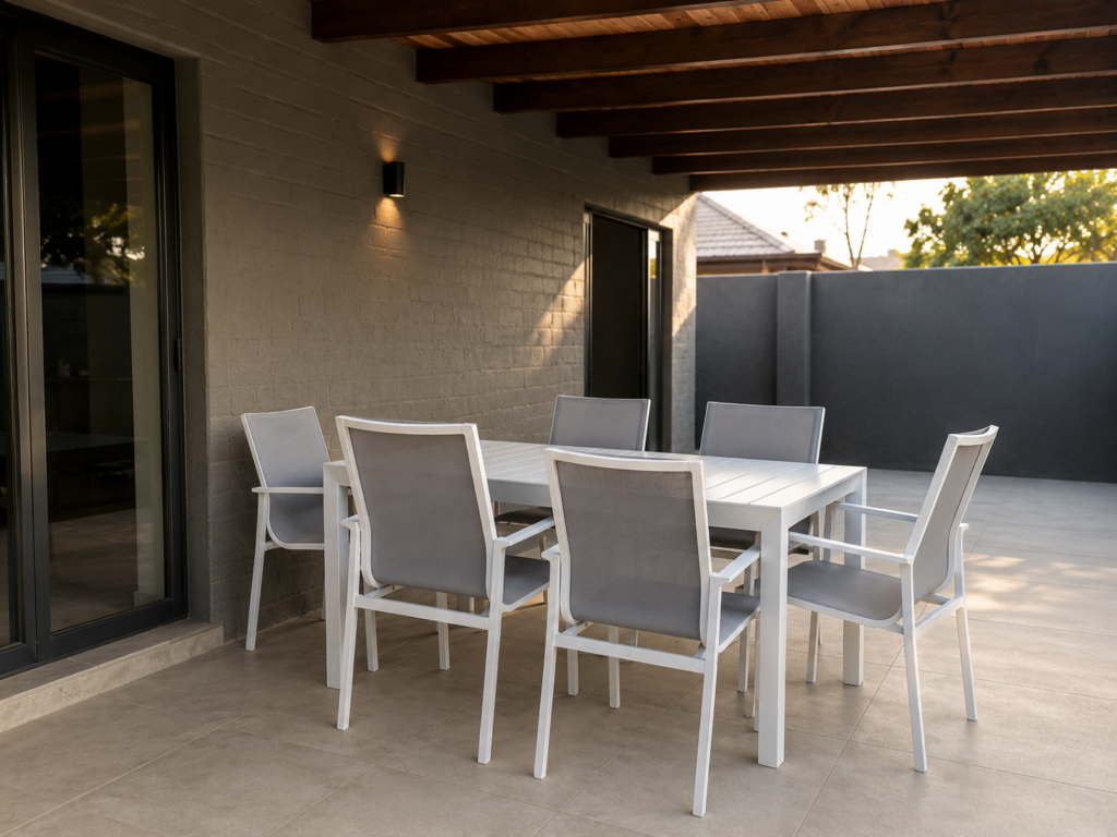 Outdoor dining table set — rectangular table + 6 chairs, light grey frame