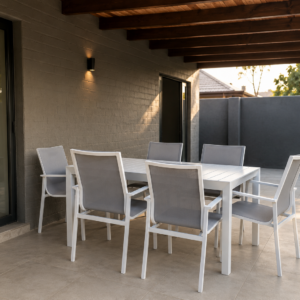 Outdoor dining table set — rectangular table + 6 chairs, light grey frame