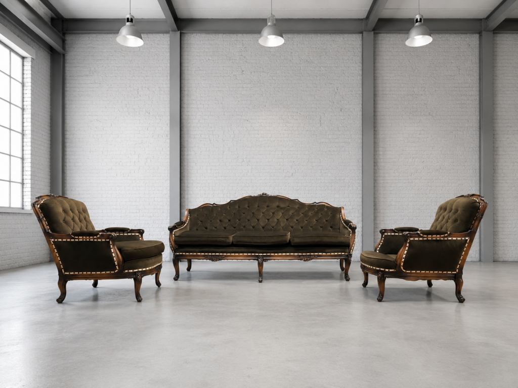 Three-piece upholstered sofa set with carved wooden frames (3-seater + 2 armchairs)