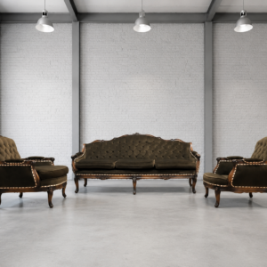 Three-piece upholstered sofa set with carved wooden frames (3-seater + 2 armchairs)