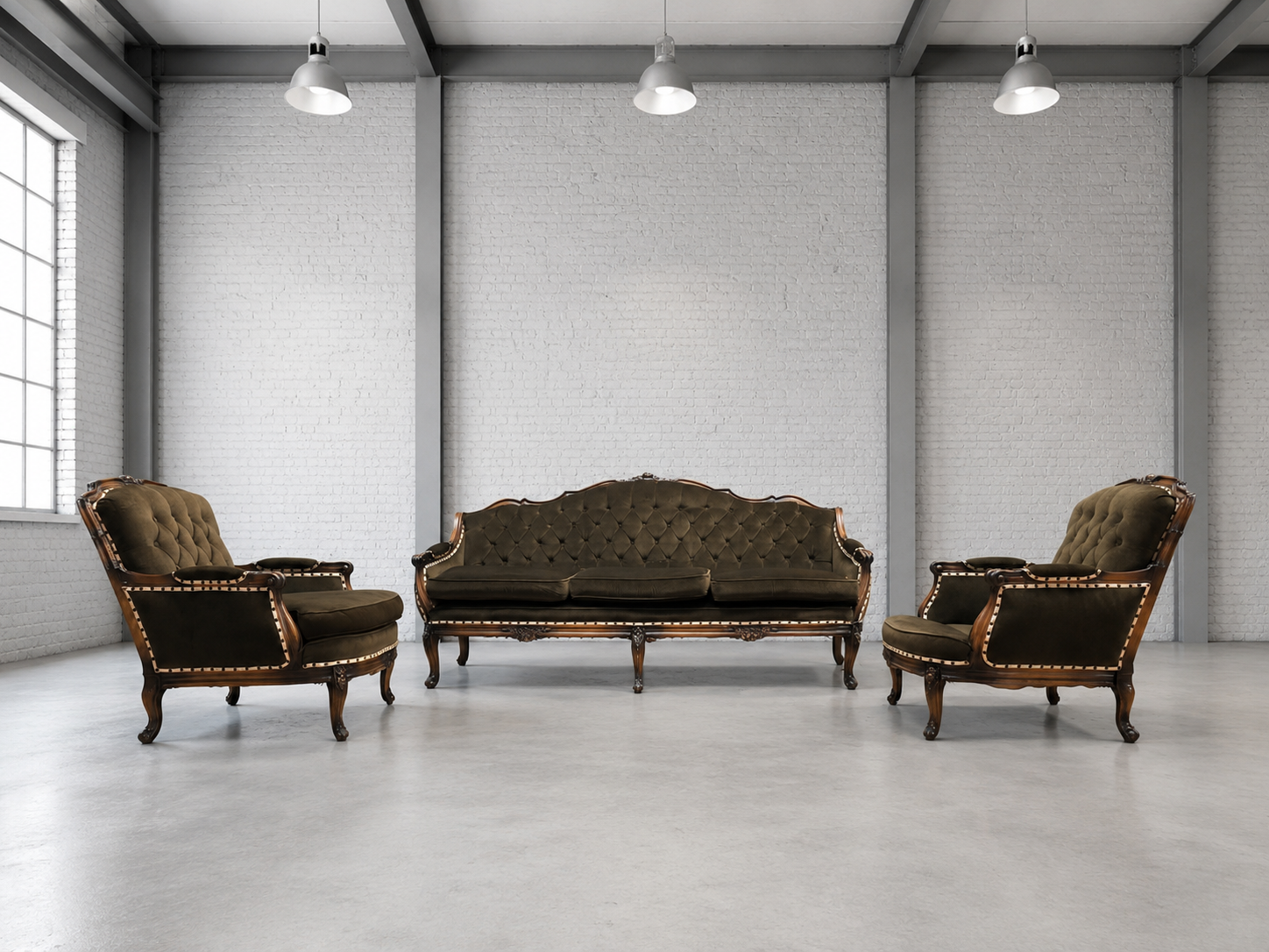 Three-piece upholstered sofa set with carved wooden frames (3-seater + 2 armchairs)