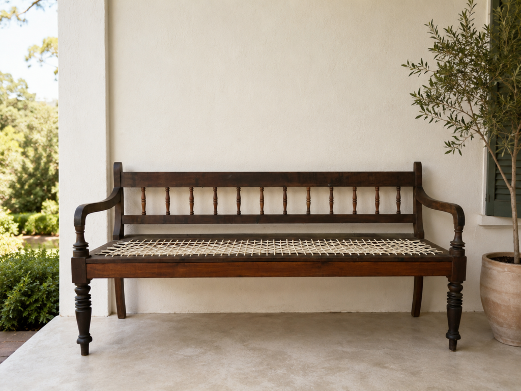 Umbia Riempies Bench with Woven Seat – 185 x 57 x 86 cm, Brown Finish
