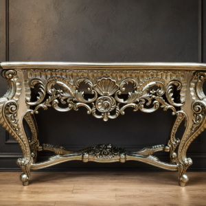 Ornate Carved Console Table with Metallic Finish, 130 x 42 x 83 cm