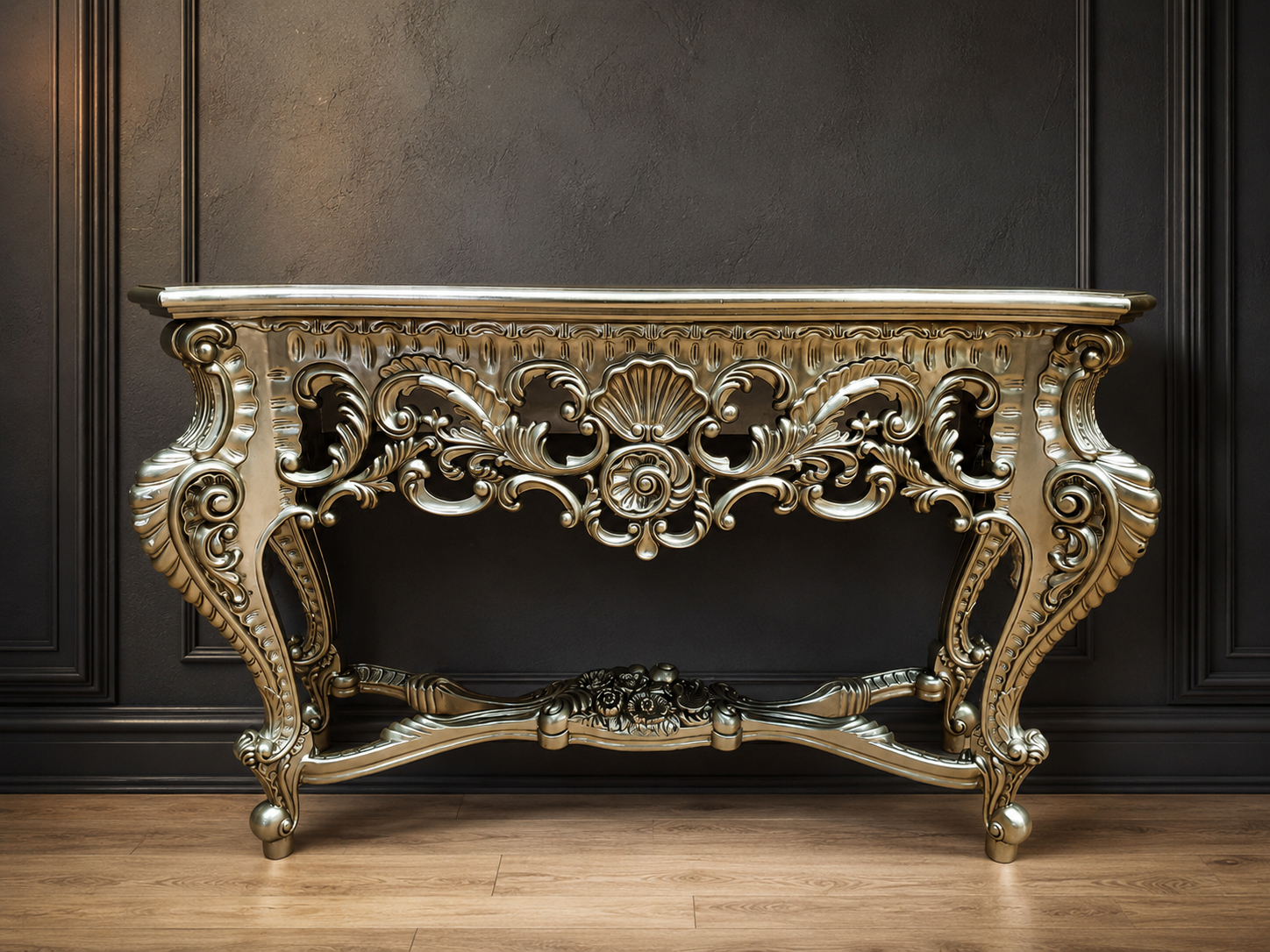 Ornate Carved Console Table with Metallic Finish, 130 x 42 x 83 cm
