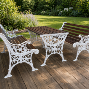 Outdoor slatted rectangular table with two matching benches (3-piece garden set)