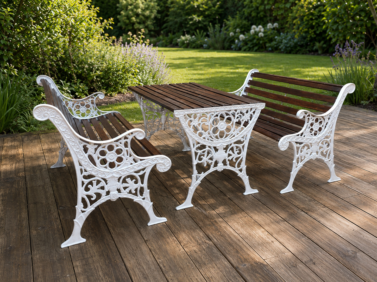 Outdoor slatted rectangular table with two matching benches (3-piece garden set)
