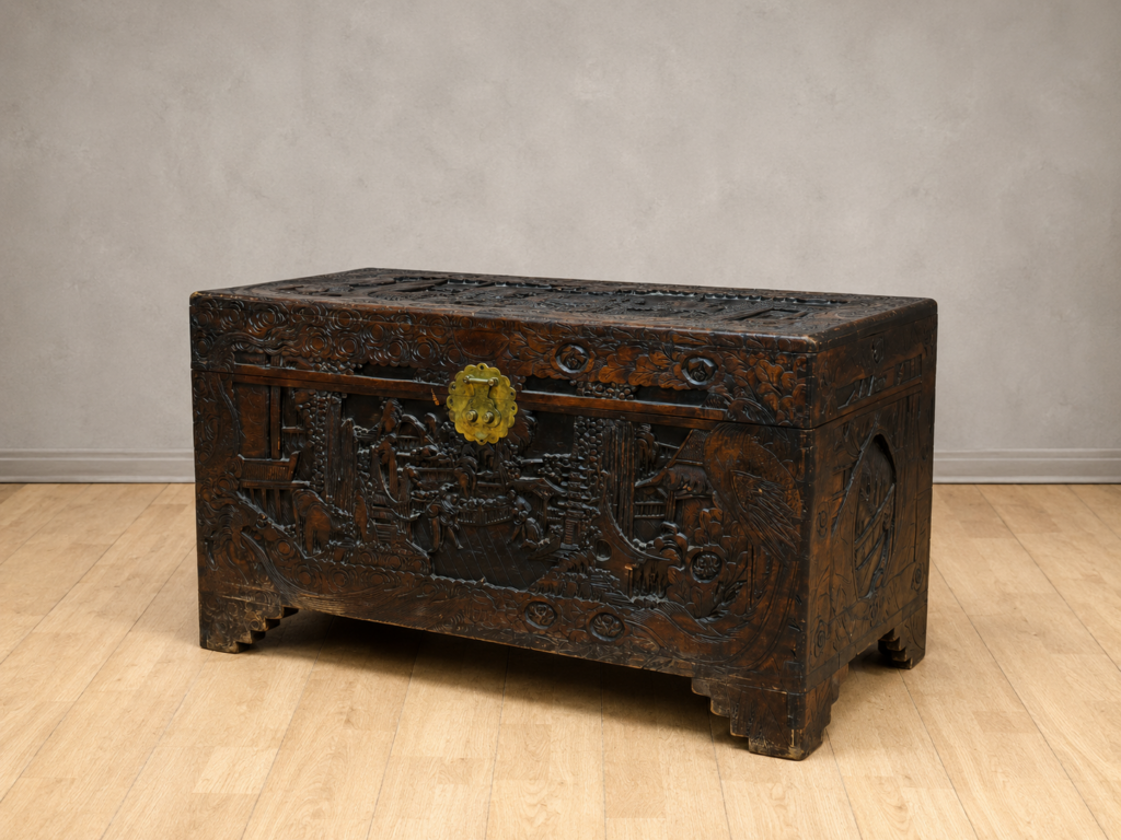 Ornate Carved Wooden Chest / Trunk with Brass Lock Plate (100 x 50 x 58 cm)