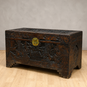 Ornate Carved Wooden Chest / Trunk with Brass Lock Plate (100 x 50 x 58 cm)
