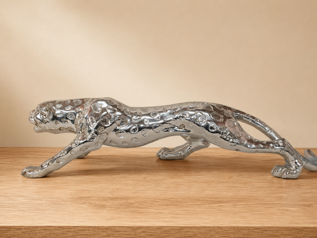 Large Silver-Finish Cheetah / Cat Figurine Statuette, 61 x 14 x 14 cm