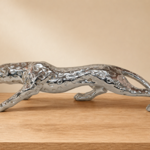 Large Silver-Finish Cheetah / Cat Figurine Statuette, 61 x 14 x 14 cm