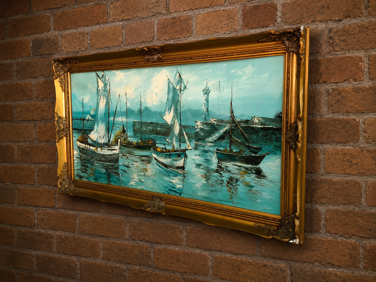 Framed Seascape Painting with Ornate Gold-Coloured Frame (137 x 76 cm)