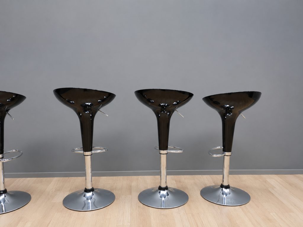 Set of 4 Black Glossy Bar Stools with Chrome Pedestal Bases