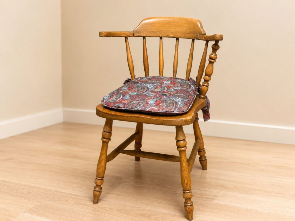 Vintage Wooden Armchair with Patterned Cushion – Repair Project