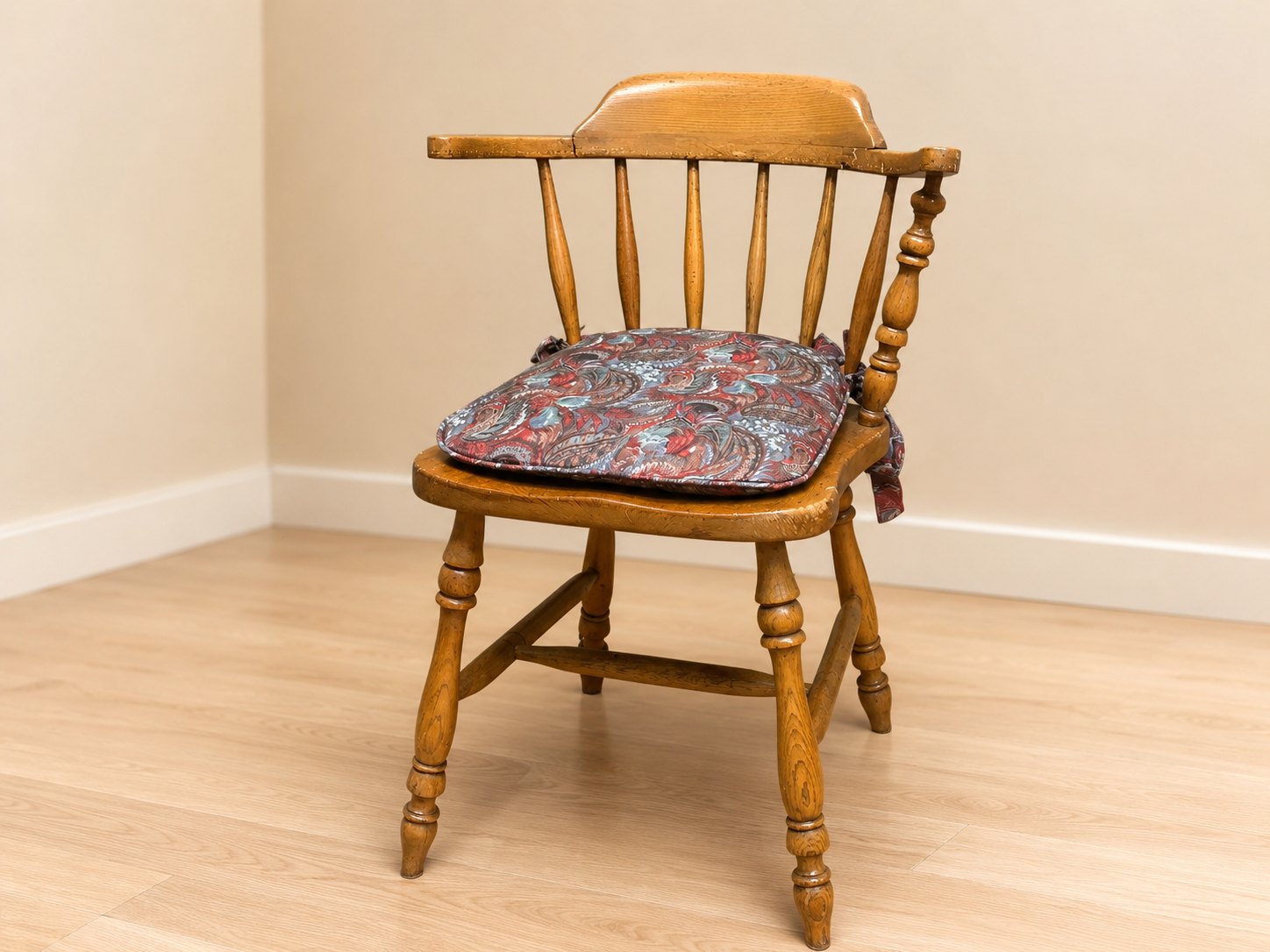 Vintage Wooden Armchair with Patterned Cushion – Repair Project