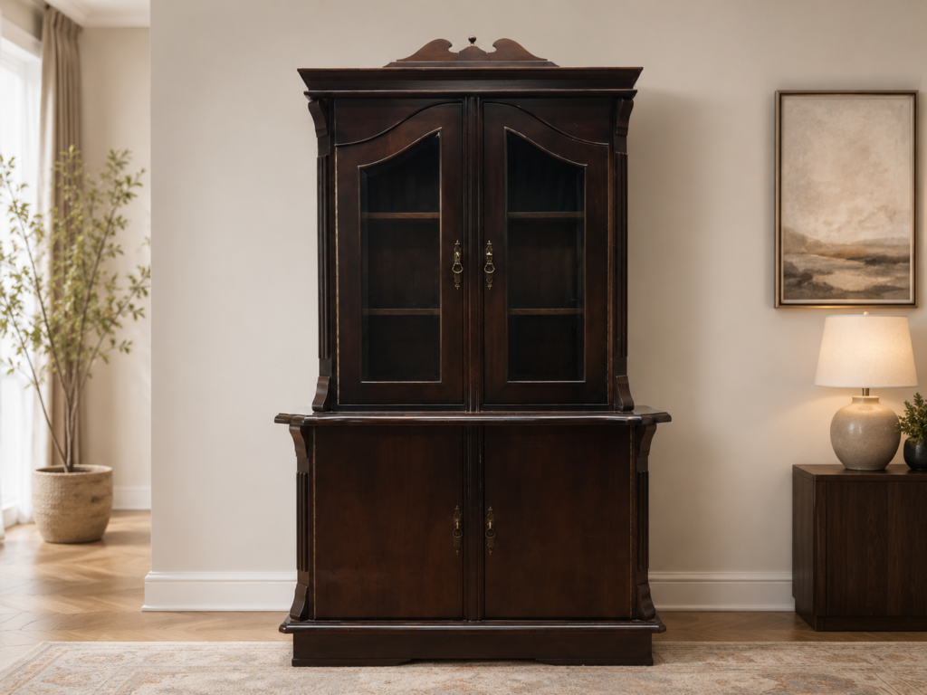 Two-piece dark-finish cabinet / hutch with interior shelving and keys
