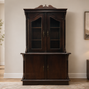 Two-piece dark-finish cabinet / hutch with interior shelving and keys