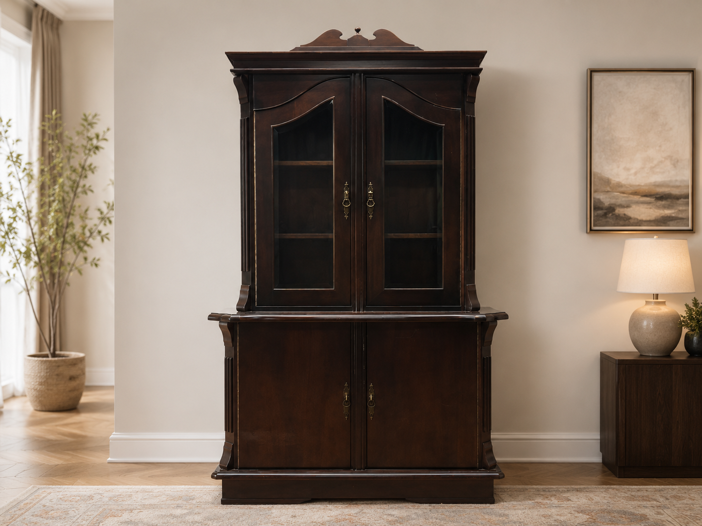 Two-piece dark-finish cabinet / hutch with interior shelving and keys