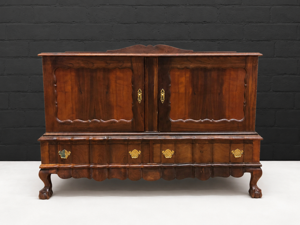 Two-door Wooden Cabinet with Two Lower Drawers – Brown, Shelved Interior