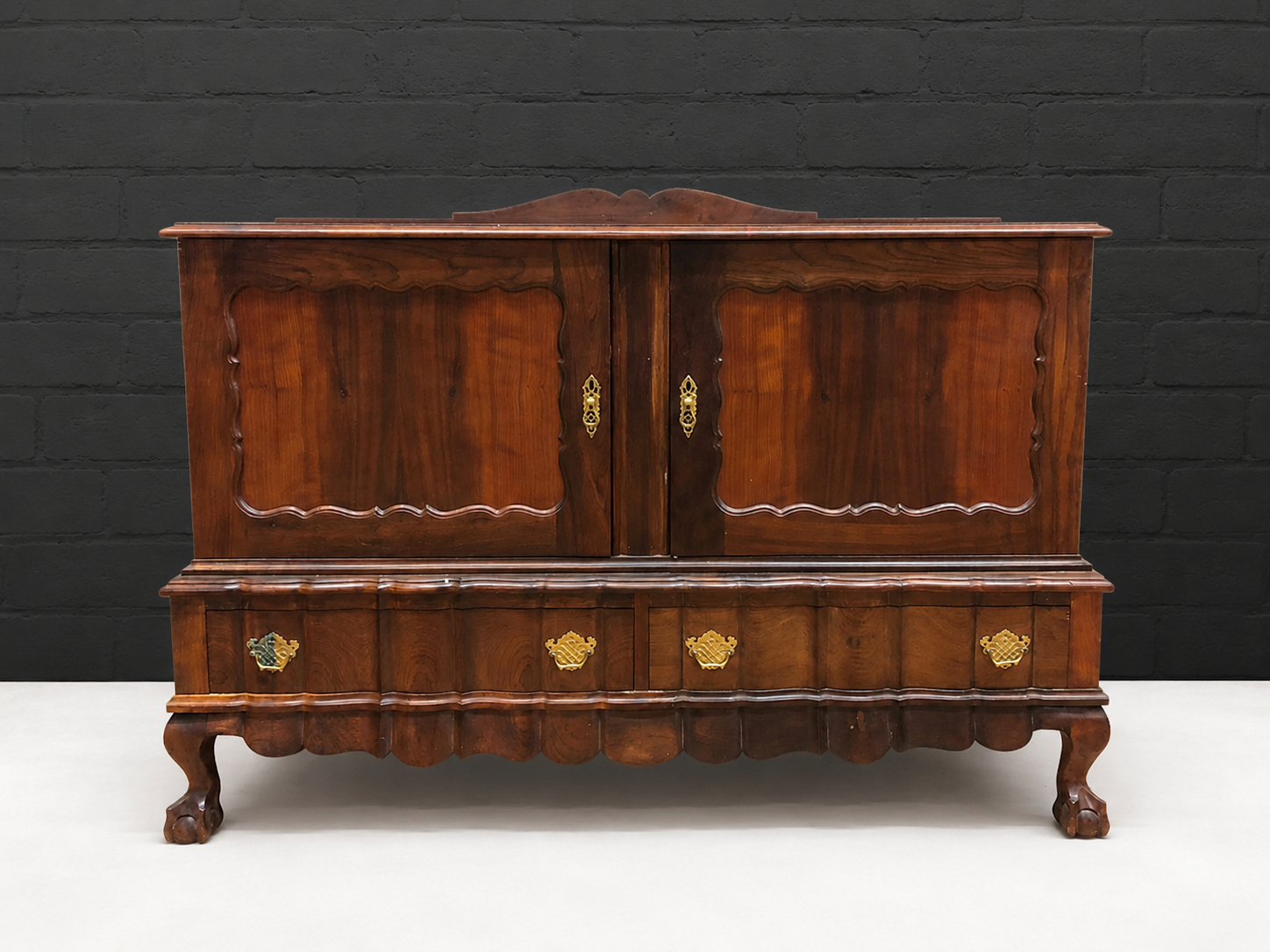 Two-door Wooden Cabinet with Two Lower Drawers – Brown, Shelved Interior