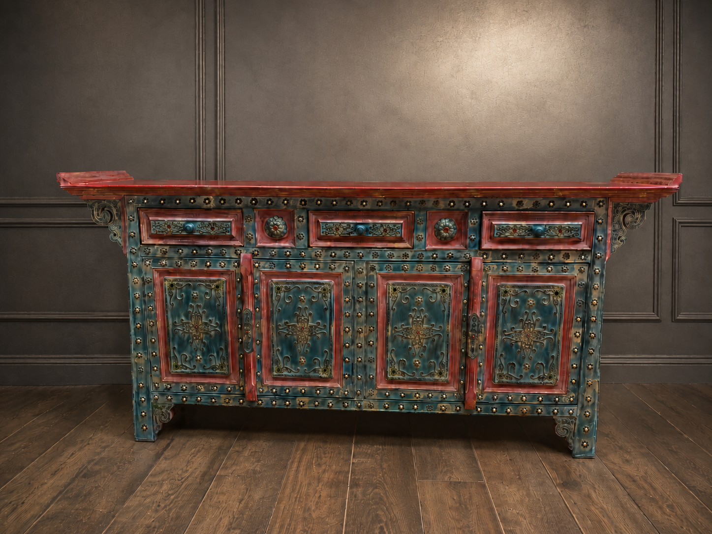 Painted Distressed Sideboard / Cabinet with 3 Drawers & 3 Doors, Decorative Studs