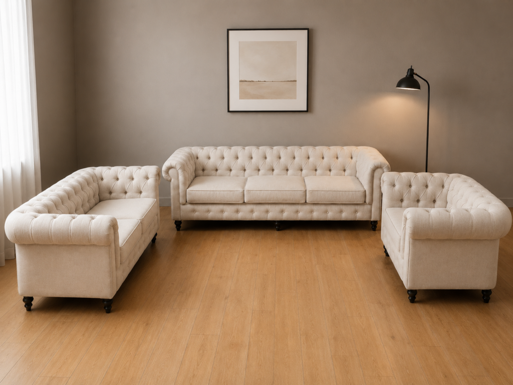 Three-piece tufted Chesterfield-style sofa set in light beige (3 pieces)