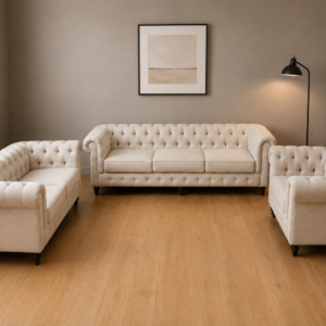 Three-piece tufted Chesterfield-style sofa set in light beige (3 pieces)