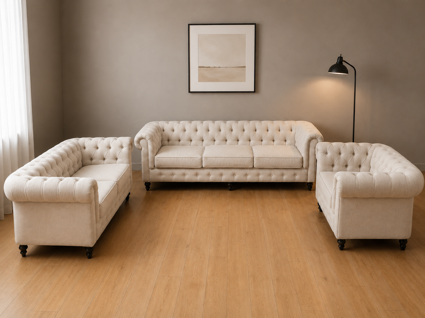 Three-piece tufted Chesterfield-style sofa set in light beige (3 pieces)