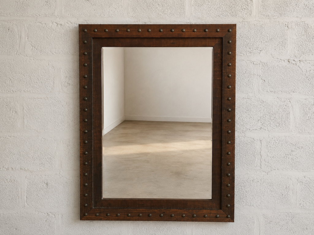 Large Rectangular Wall Mirror with Studded Dark Brown Frame — 114 x 146 cm