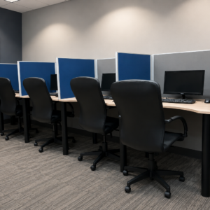 Set of 4 Office Workstations with Chairs, Monitors, Keyboards, mouse and APIpies