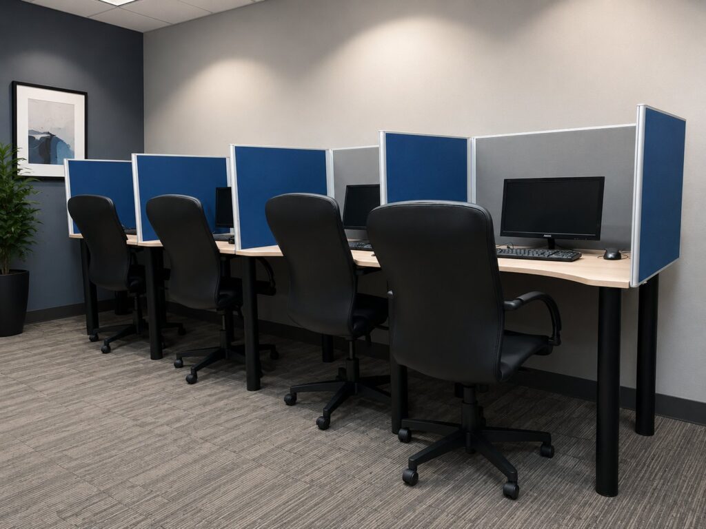Set of 4 Office Workstations with Chairs, Monitors, Keyboards, mouse and APIpies