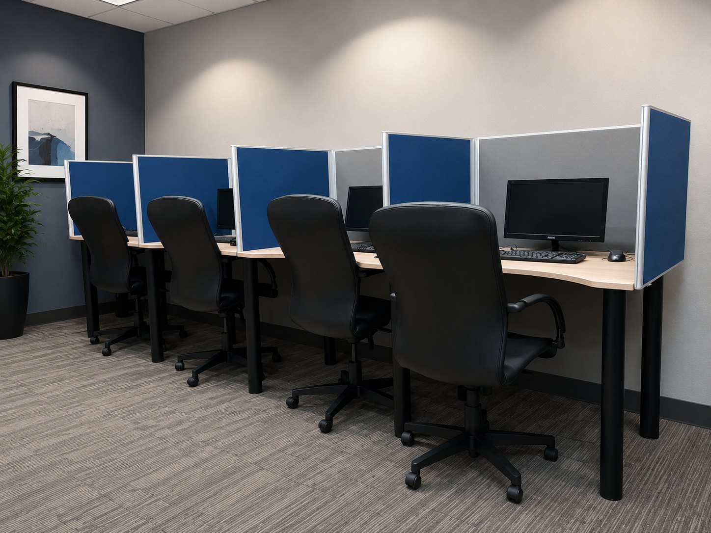 Set of 4 Office Workstations with Chairs, Monitors, Keyboards, mouse and APIpies