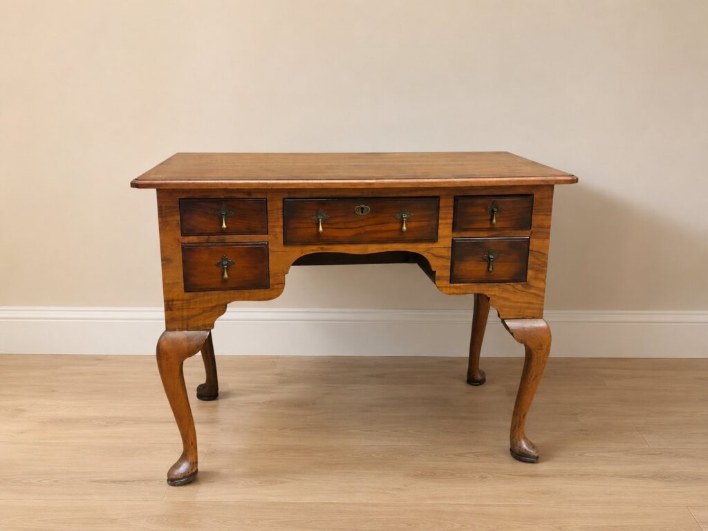 Antique Wooden Writing Desk with Five Drawers and Brass Handles (101x56x77 cm)
