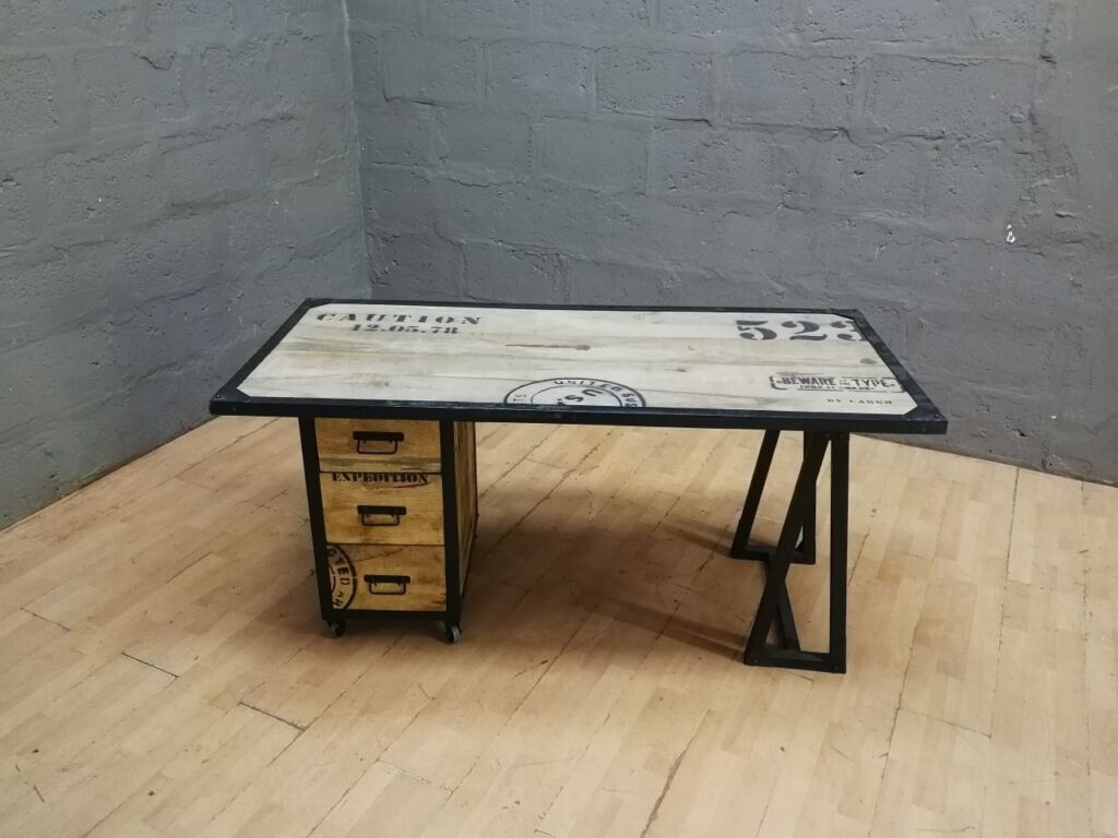 Industrial-Style Desk with Three Drawers and Metal Frame