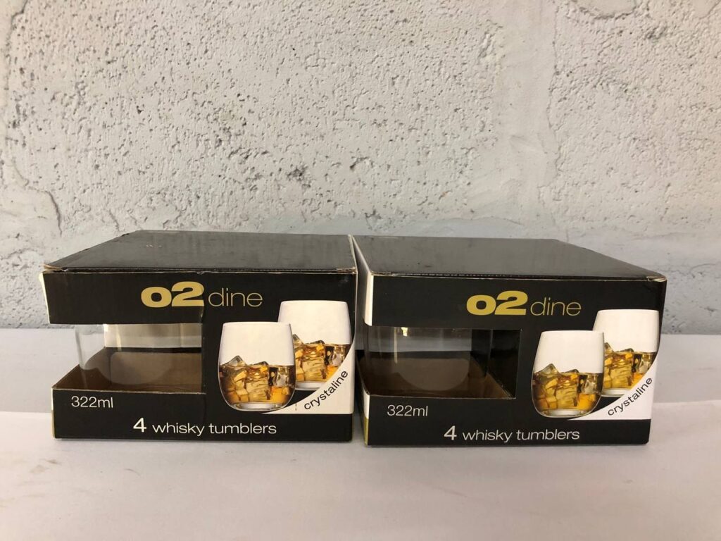 Bulk Lot: 8 x o2 dine 322ml Crystalline Whisky Tumblers (2 Boxed Sets, Unused)