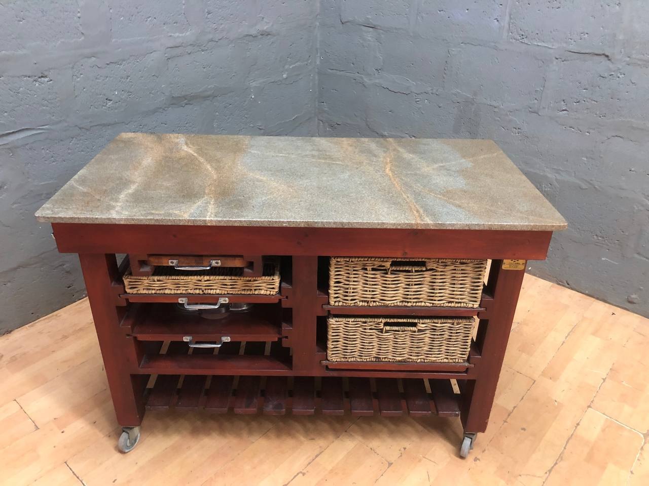 Granite-Top Kitchen Island/Trolley with Wooden Frame, Wicker Baskets & Accessories