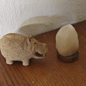 Decorative Lot: Stone/Ceramic Hippo Figurine & Small Stone Ornament on Wooden Base