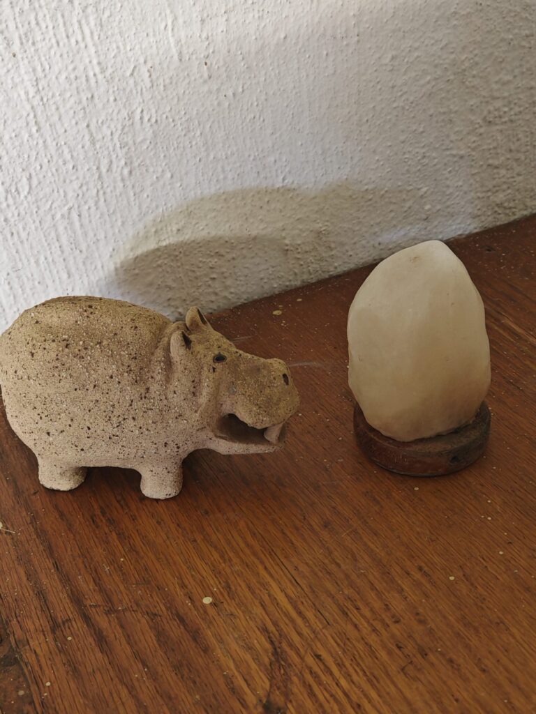 Decorative Lot: Stone/Ceramic Hippo Figurine & Small Stone Ornament on Wooden Base