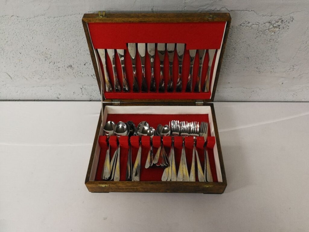 Cutlery / Flatware Set in Wooden Storage Box with Red Felt Lining