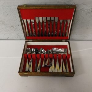 Cutlery / Flatware Set in Wooden Storage Box with Red Felt Lining