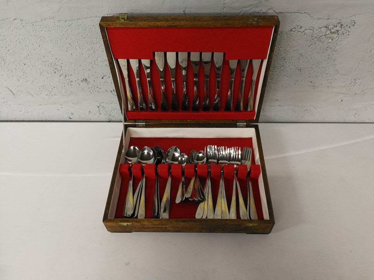 Cutlery / Flatware Set in Wooden Storage Box with Red Felt Lining