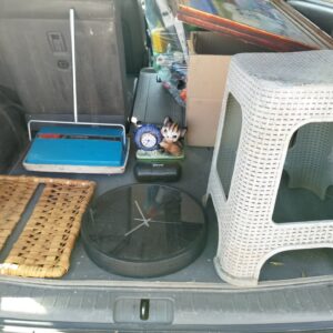 Bulk Lot: Vintage National TV, Ewbank Sweeper, Wall Clock, Figurine Clock, Plastic Stool, Baskets & Just Cavalli Case