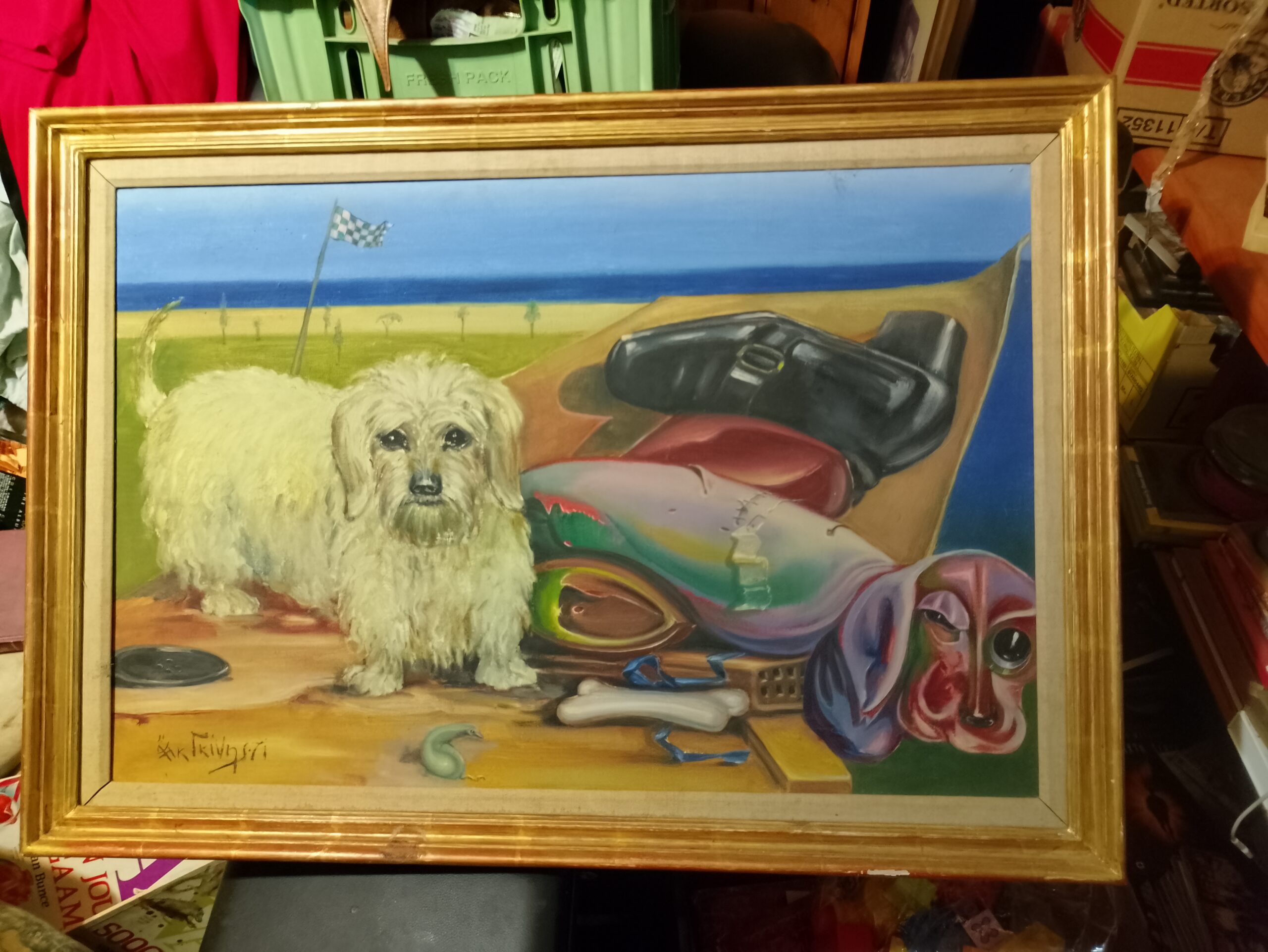 Framed Signed Painting, 61 x 86 cm () — Gilt Frame with Wear