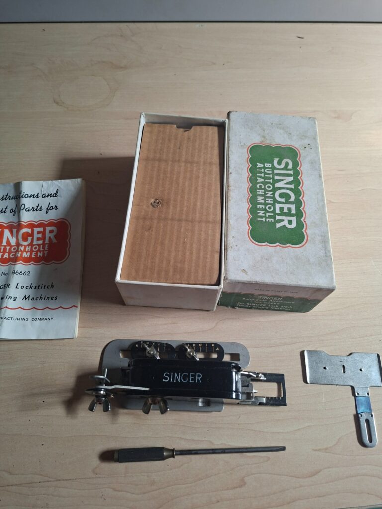 Singer Buttonhole Attachment No. 86662 – Complete with Original Box, Manual, Plates & Screwdriver (Untested)