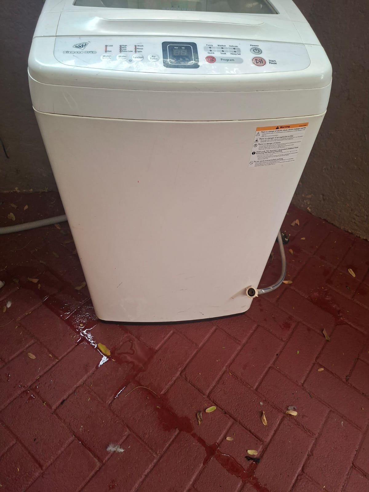 Samsung top-load washing machine — powers on, includes hoses, used with cosmetic wear