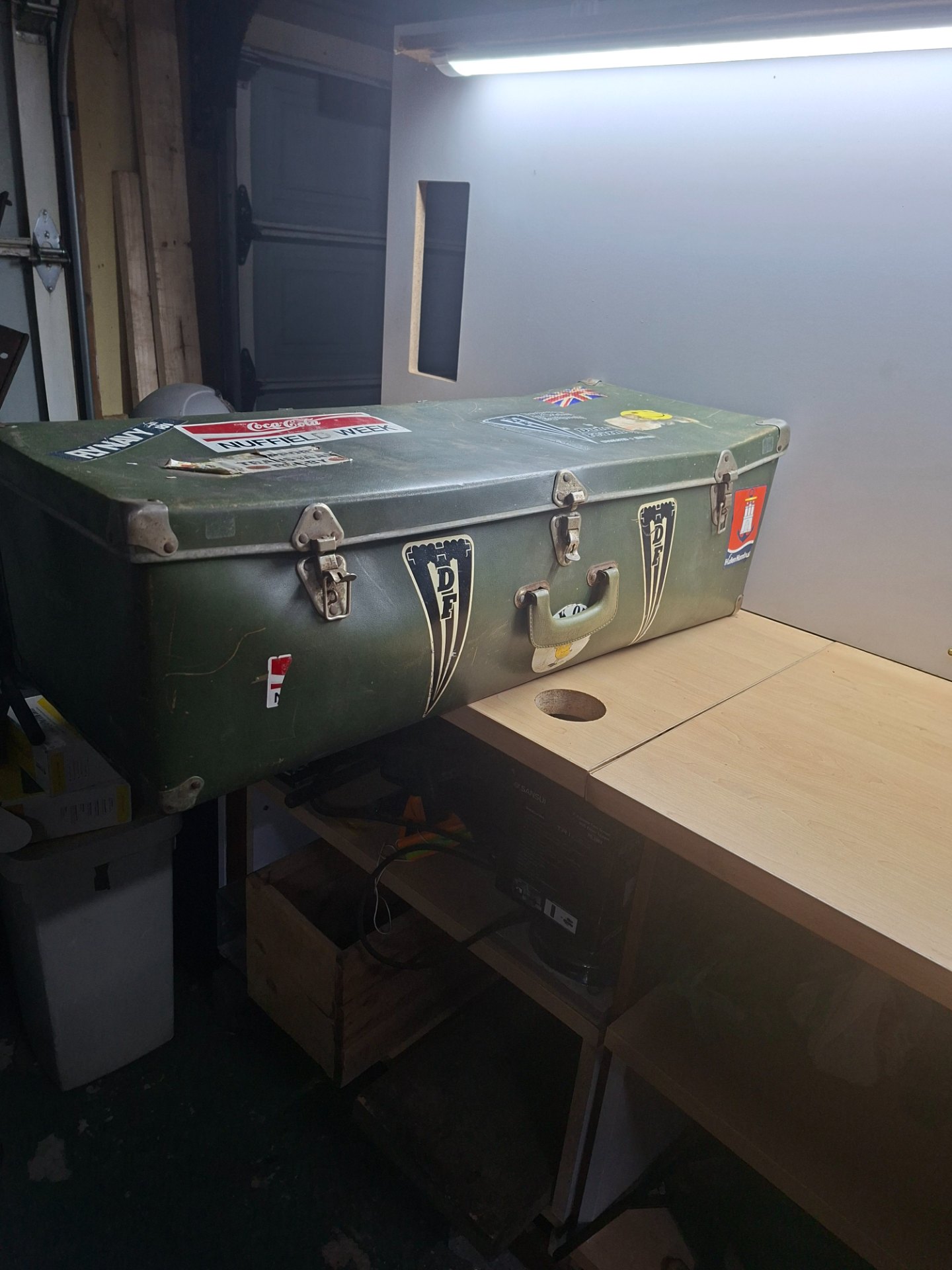 Vintage hard-sided green travel trunk / suitcase with travel stickers — 90cm, display condition
