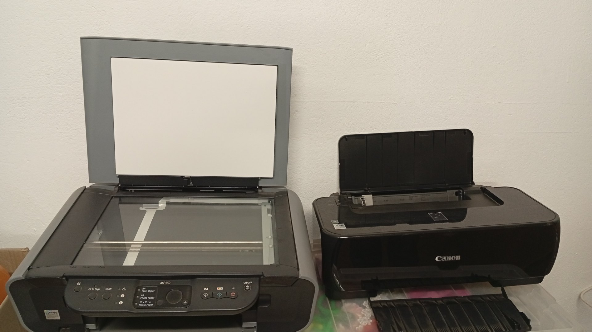 Two Canon printers – MP160 multifunction + iP1800 inkjet (used, worked last time; power cables only)