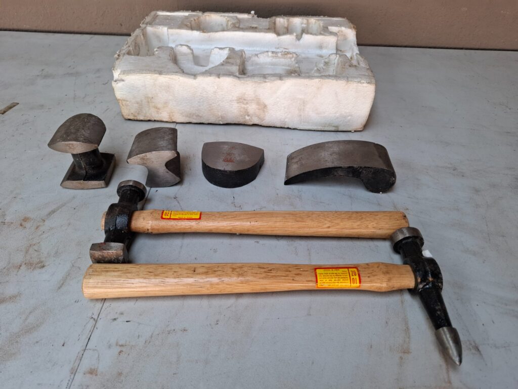 Panel-beating / Bodywork Hammer Set — 2 Wooden-handled Hammers + 6 Interchangeable Shaping Heads (Used)