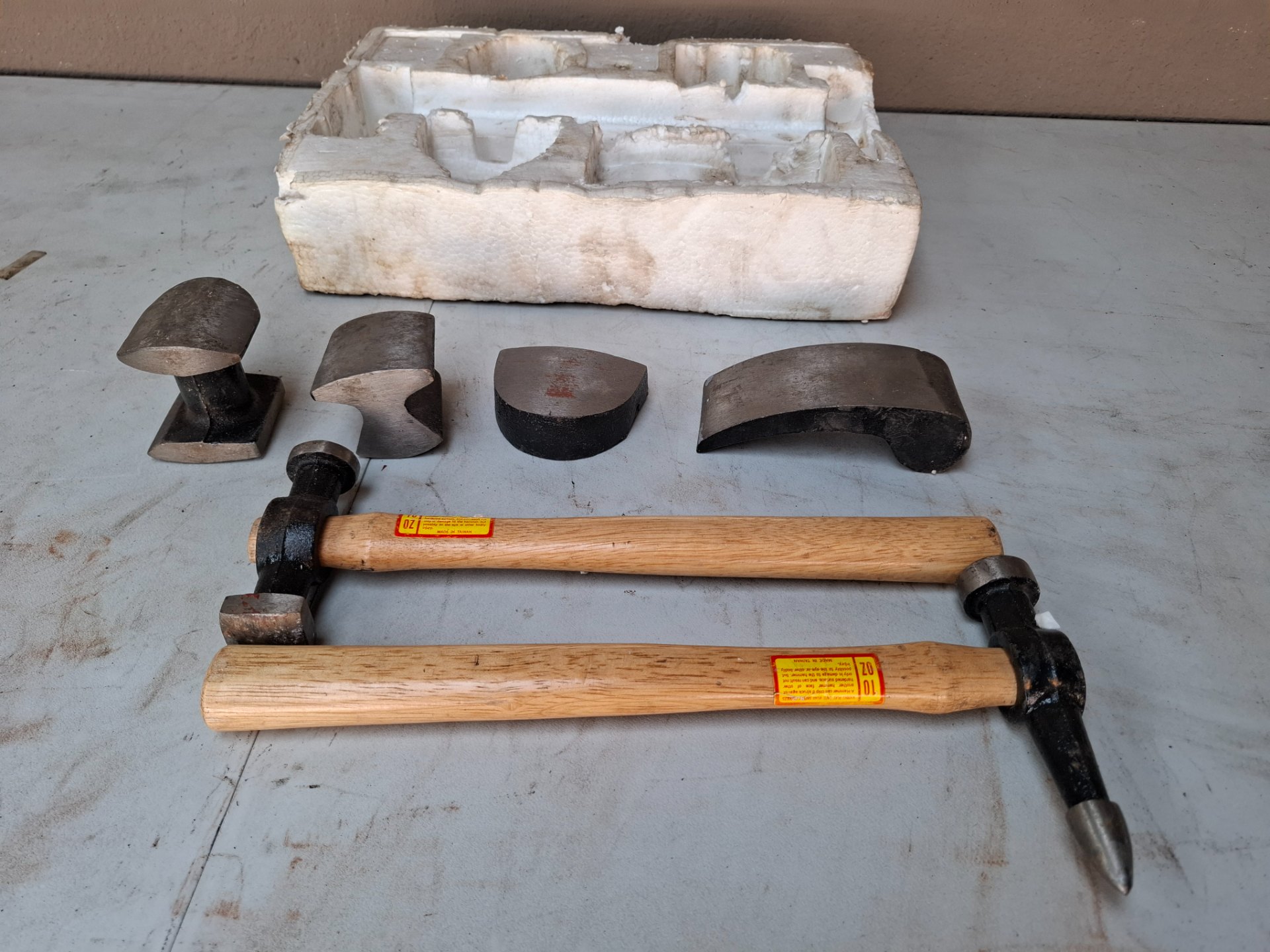 Panel-beating / Bodywork Hammer Set — 2 Wooden-handled Hammers + 6 Interchangeable Shaping Heads (Used)
