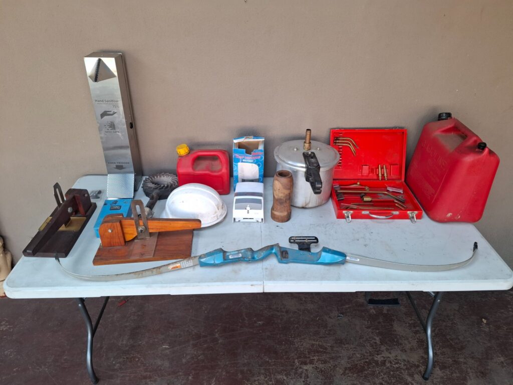 Mixed job lot — EK Archery 62″ recurve bow, hand‑sanitiser dispensers, pressure pot, torch/nozzle kit, jerry cans & assorted tools