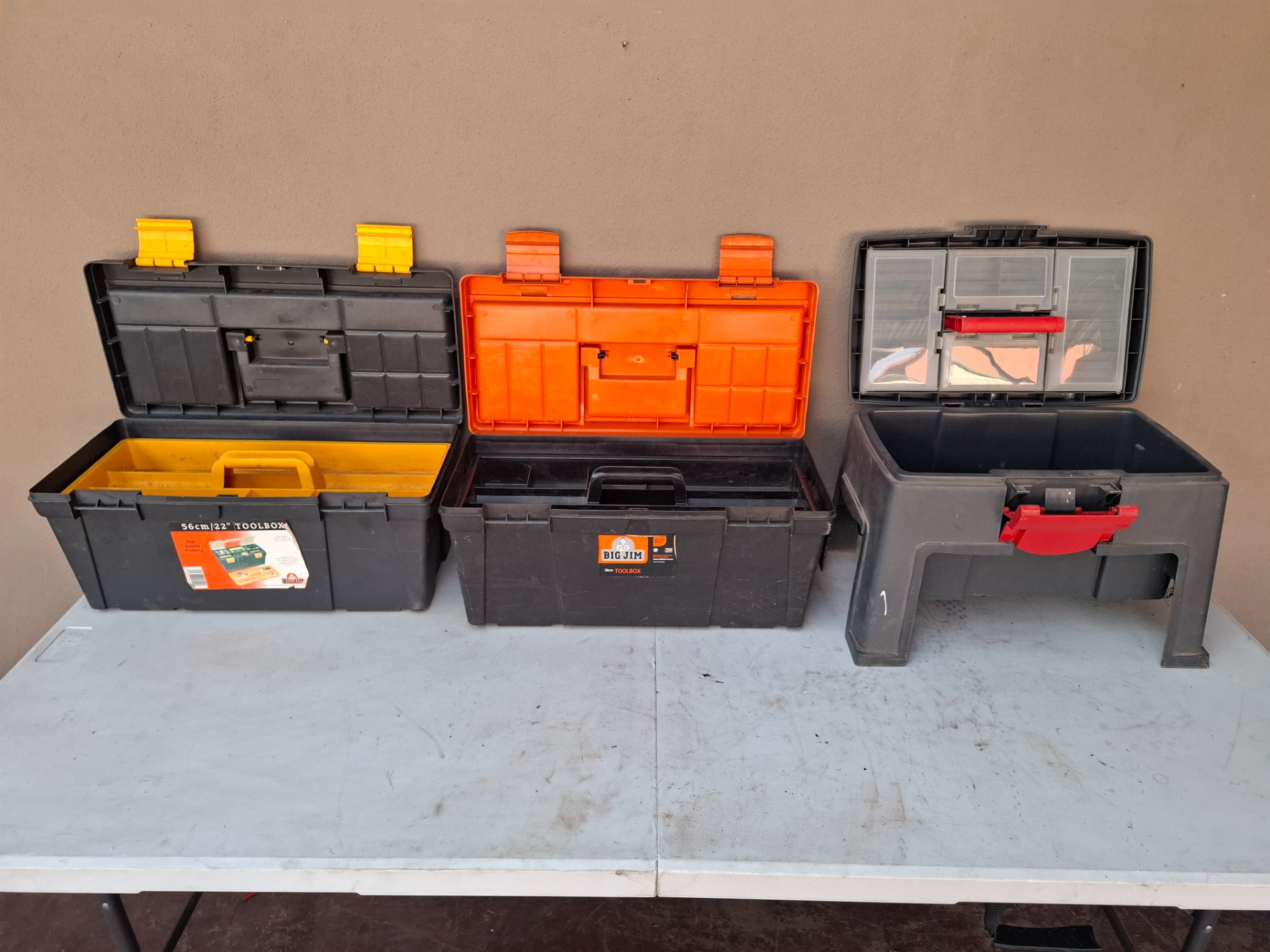 Lot of 3 Plastic Toolboxes (Big Jim visible) — removable trays + small-parts organiser, used